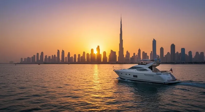 Yacht devant les gratte-ciel de Dubaï au coucher du soleil